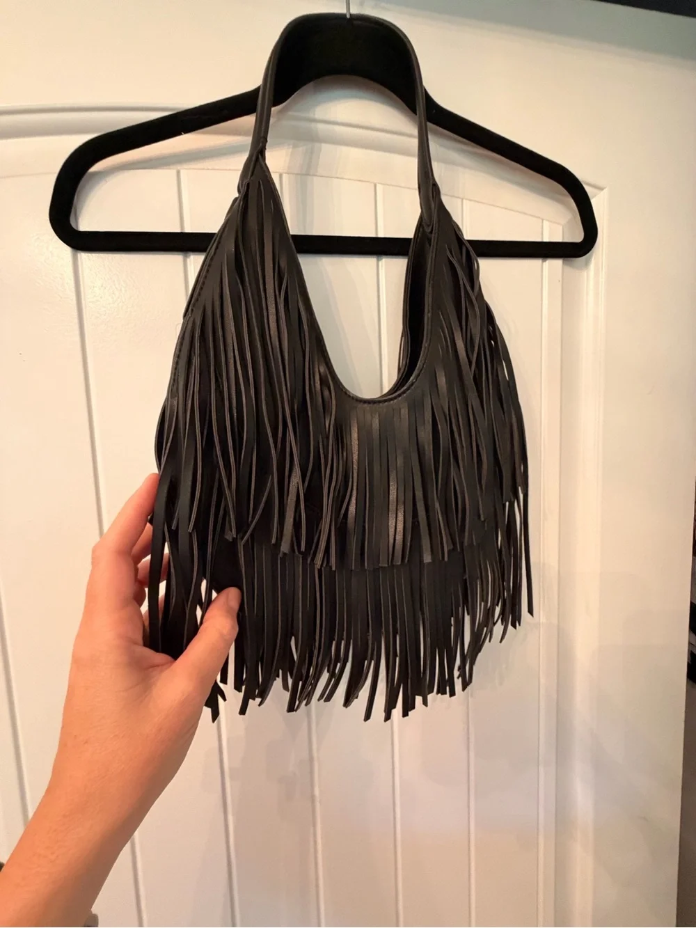 silence + noise Black Layered Fringe Faux Leather Hobo